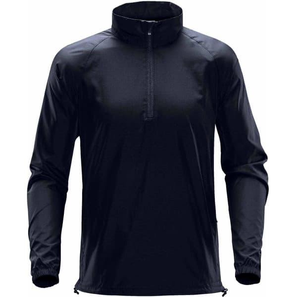 A black men's windshirt with a quarter zip and a collar, featuring long sleeves and an adjustable hem.