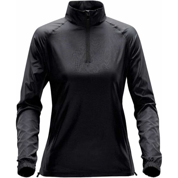 A black women's micro light windshirt featuring a quarter zip and long sleeves, with a logo on the chest.