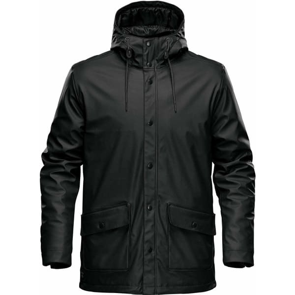A black insulated rain jacket with a hood, featuring front pockets and a logo.