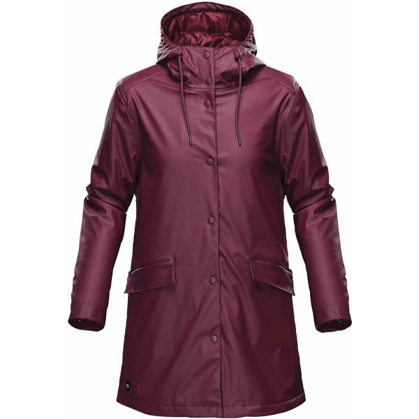 A burgundy women's insulated rain jacket features a hood, buttons, and front pockets. It has a logo on the lower section.