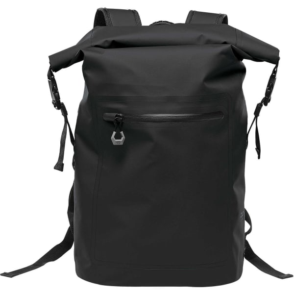 A black backpack with a roll-top design, featuring adjustable straps and a front pocket with a zipper.