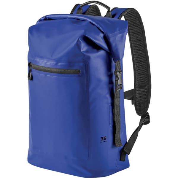 A blue 35L backpack with a roll-top closure and adjustable straps, featuring a front zip pocket and a logo.