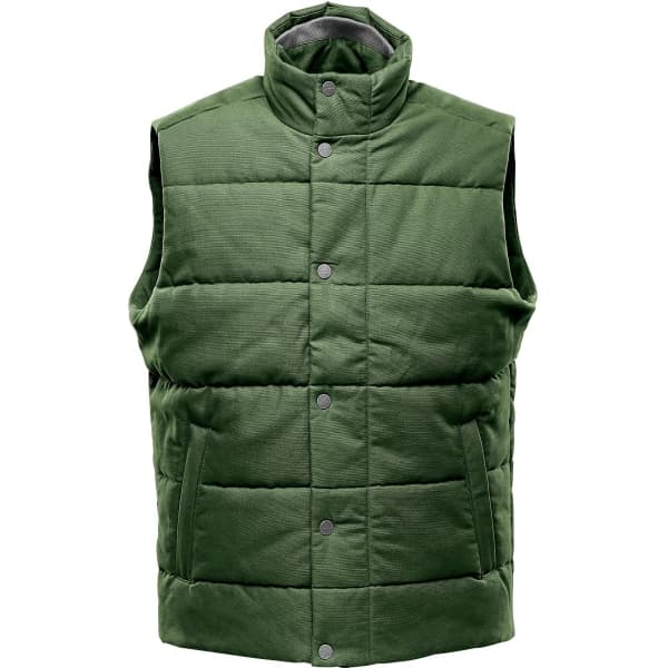 A green thermal vest with a high collar and button closure, featuring quilted detailing and a logo.
