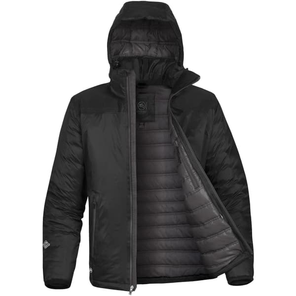 A black thermal jacket featuring a hood and zippered front, showcasing a quilted interior and branding.