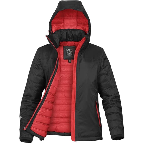 A Women's black thermal jacket with a red interior and attached hood, featuring a logo on the chest.