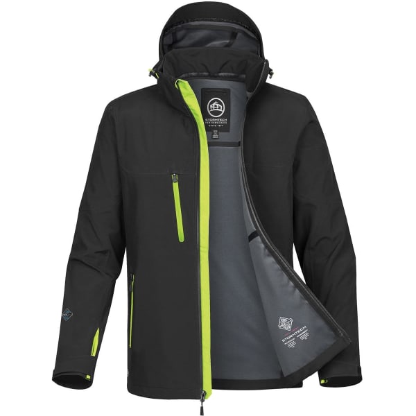 A black softshell jacket with neon green zippers and interior, featuring a hood and a logo.