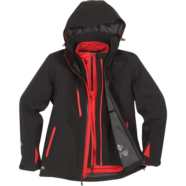A black softshell jacket with red accents, featuring a hood and multiple zippered pockets. It has branding on one sleeve.