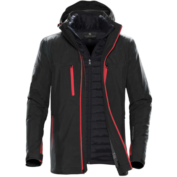 A black men's jacket with red accents and a hood, featuring multiple zippered pockets and a stylish design.