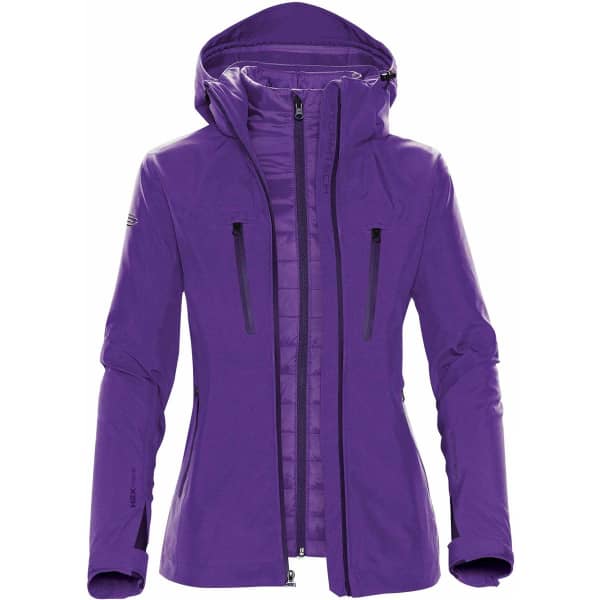 A purple women's jacket featuring a hood, zippered pockets, and a fitted design. It has a logo on the sleeve.
