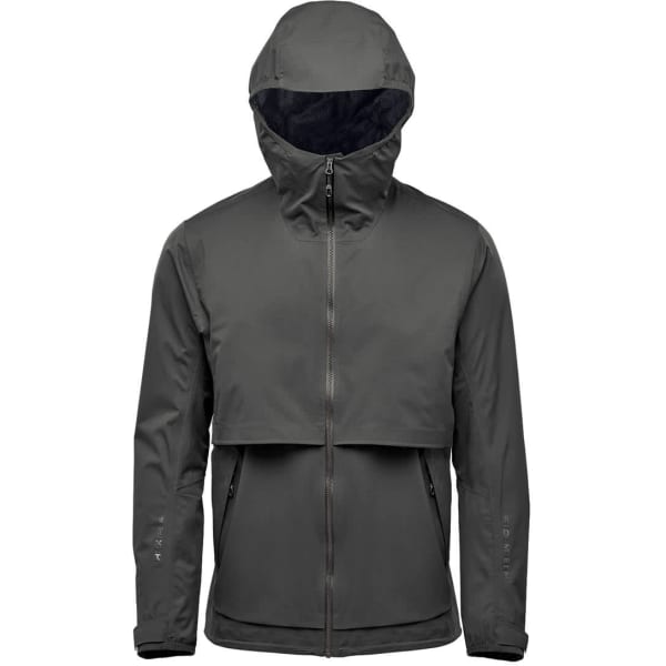 A men's rain jacket in dark grey with a hood and zip front, featuring a logo on the sleeve.