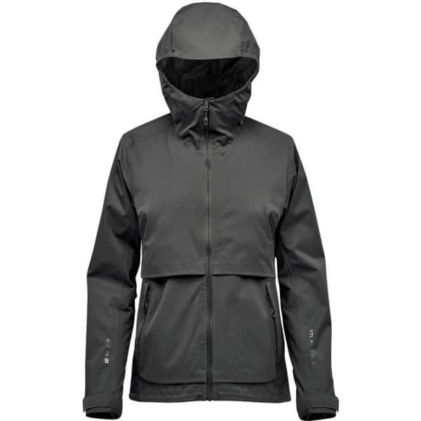 A women's rain jacket in dark grey, featuring a hood and a stylish layered design, includes a logo.