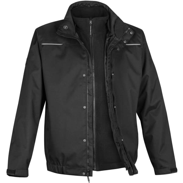 A black men's jacket featuring a 3-in-1 system with a detachable fleece layer and logos.