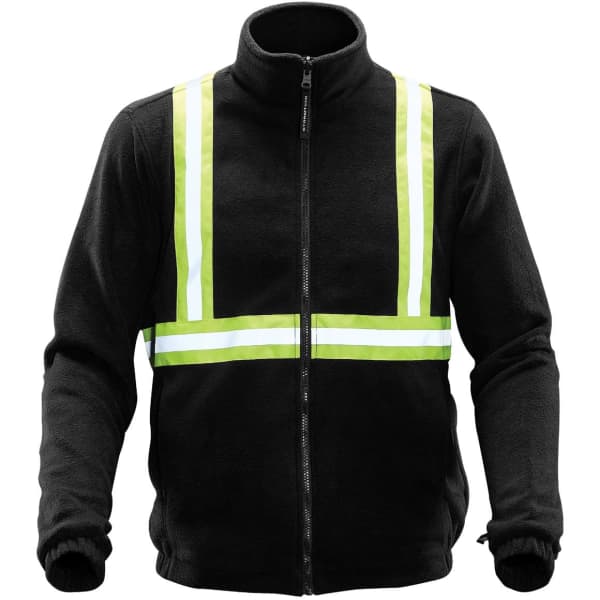 A black reflective jacket with bright yellow stripes, featuring a zip front and high collar. It has a logo on the chest.