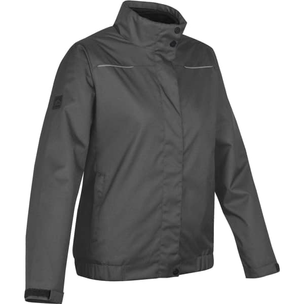 A women's polar fleece 3-in-1 system jacket in dark grey, featuring a sleek design and a logo.