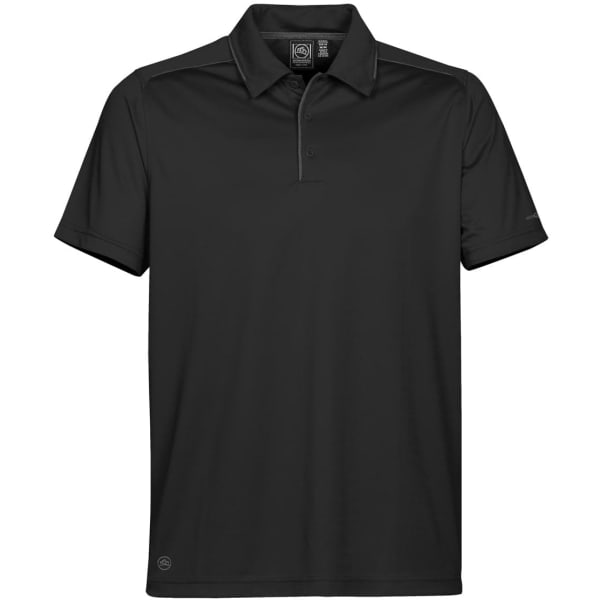 A black men's polo shirt featuring a collar and a branding logo. Suitable for sporting activities.