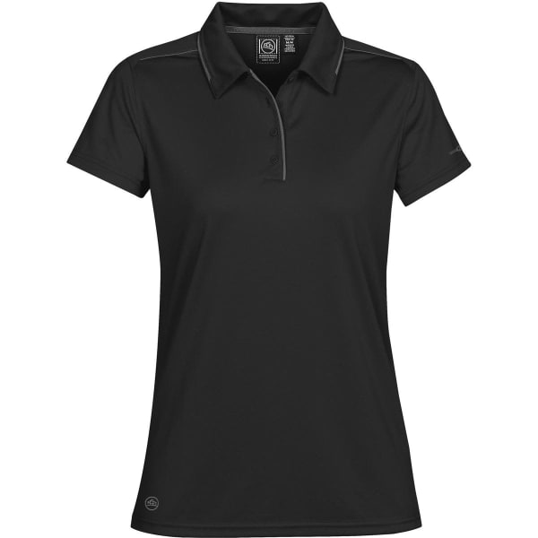 A black women's polo shirt featuring a collar and a subtle logo. It has a sleek and sporty design.