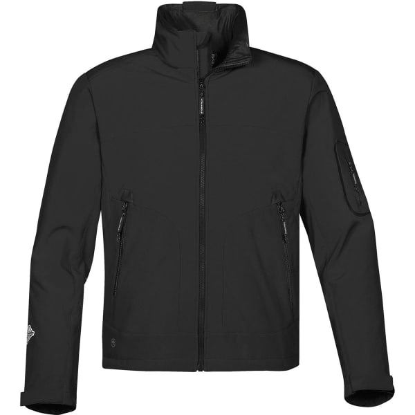 A black softshell jacket featuring zippered pockets and a logo on the sleeve.