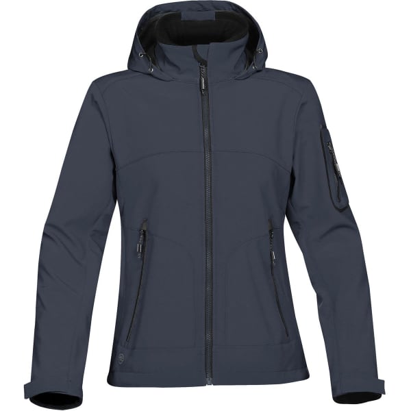 A dark grey women's softshell jacket with a hood, featuring zippered pockets and a logo.