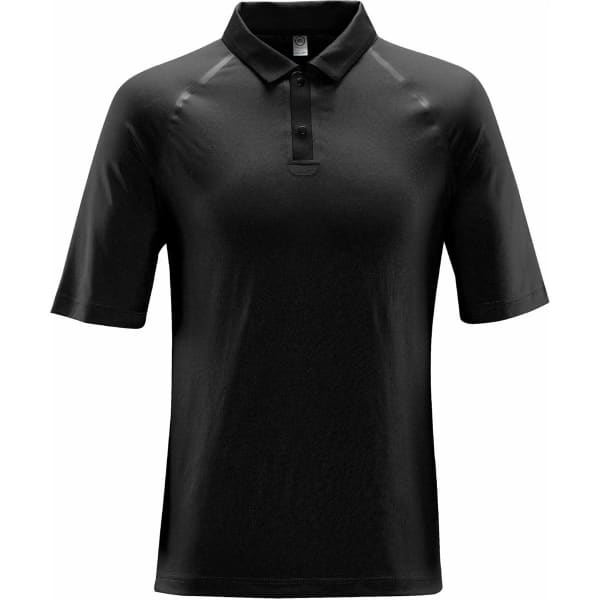 A black men's polo shirt with a collar and short sleeves, featuring a logo on the front.