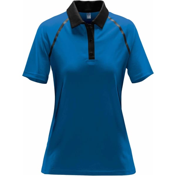 A blue women's polo shirt featuring a black collar and side detailing, with a logo on the chest.