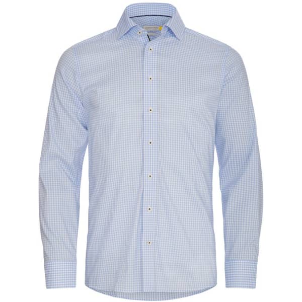 A button-up shirt in light blue with a checkered pattern and a logo on the chest.