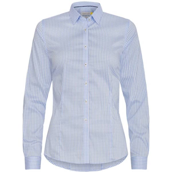 A women's button-up shirt featuring a blue and white checked pattern, with long sleeves and a collar. It has a branding logo.