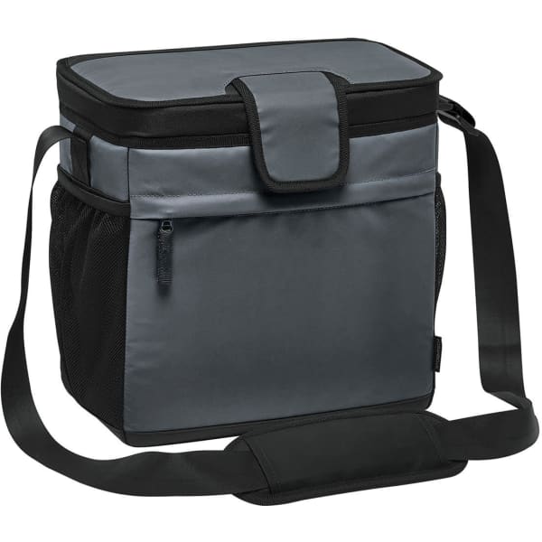 A grey cooler bag with a front zip pocket and a black strap. It features a secure flap closure and mesh side pockets.