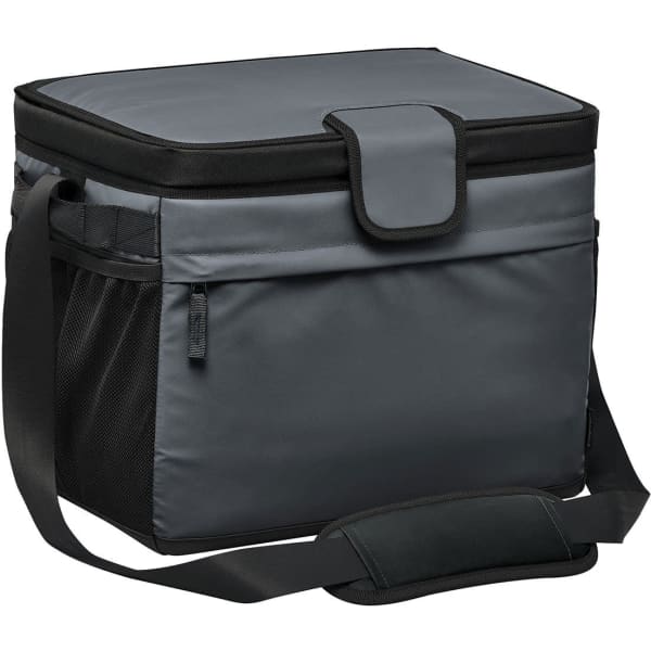 A grey cooler bag with a padded shoulder strap and a zippered compartment, designed to hold up to 30 cans.
