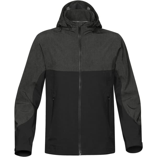 A men's rain jacket featuring a dark green upper section and black lower section, with a hood and front zipper.