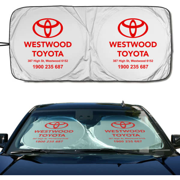 A silver auto sun shade with two circular openings, featuring a logo and branding.
