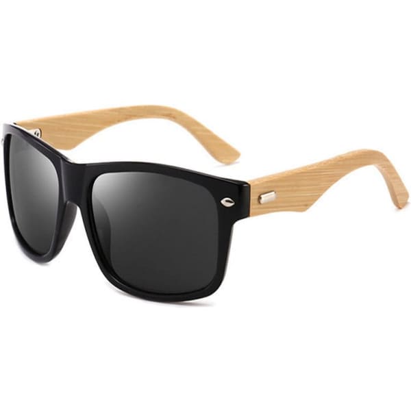 Bamboo Fashion Sunglasses with black frames and bamboo arms, featuring a logo on the side.