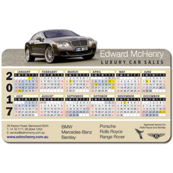 A calendar fridge magnet featuring a luxury car image, with a predominantly grey and white colour scheme.