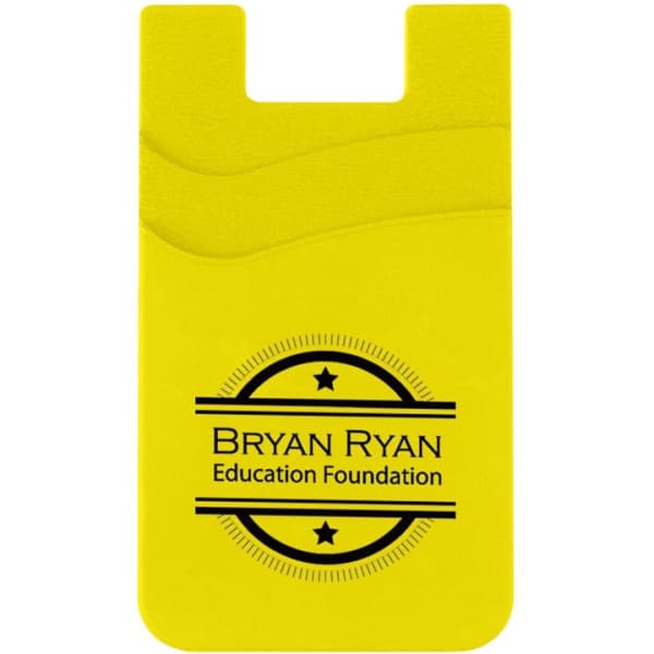 A bright yellow dual pocket silicone mobile wallet with a logo and two card slots.