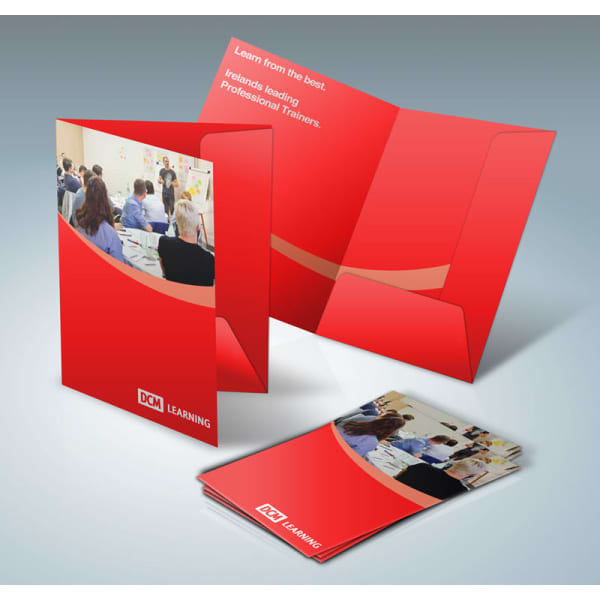 Red A4 presentation folders with a logo, featuring an open design and a matching business card.