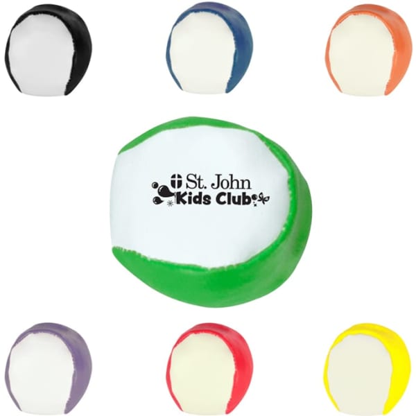 A set of colourful hacky sacks in black, green, orange, purple, white, and yellow, featuring a logo.