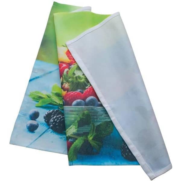 A set of custom cotton tea towels featuring vibrant fruit imagery in shades of green, blue, and red.