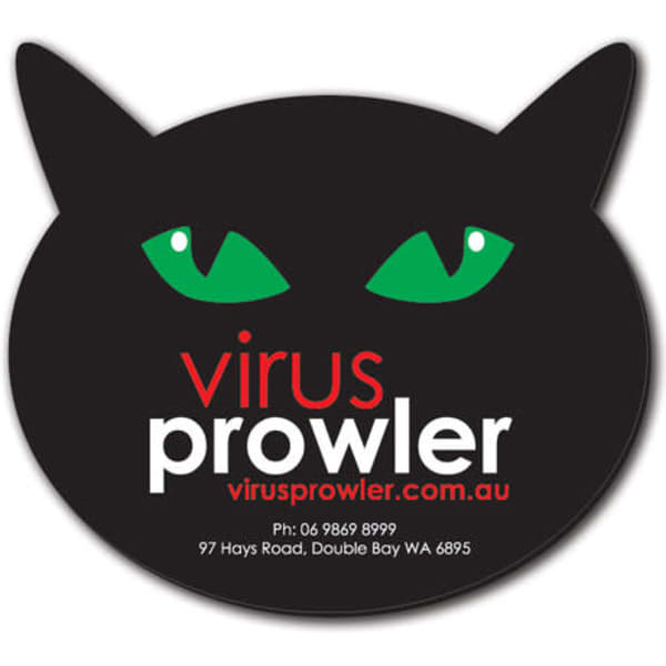 A custom-shaped black counter mat with green cat eyes and a logo, featuring contact details and a website.