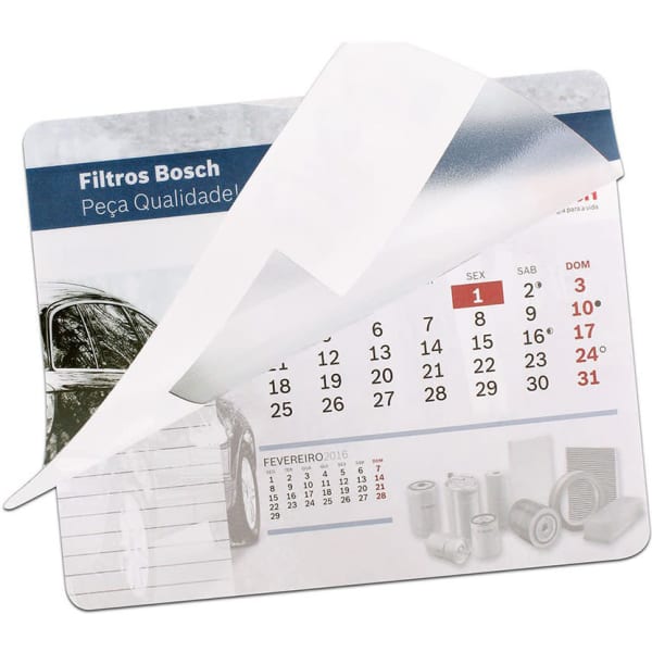 A clear mouse mat featuring a calendar design with a car image, predominantly in grey and white tones.