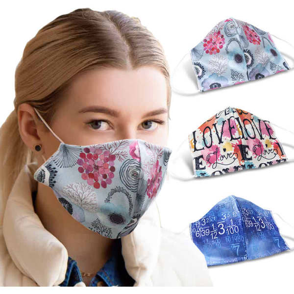 A collection of three patterned 2-ply fabric face masks, featuring floral and graphic designs in various colours.