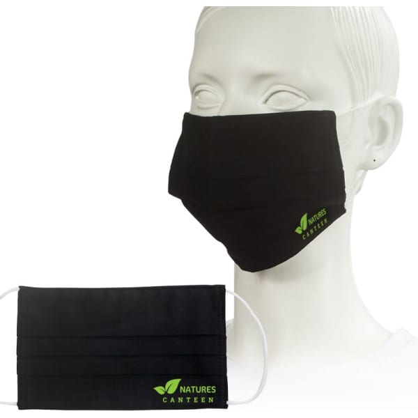 A black 2-ply cotton face mask displayed on a mannequin head, featuring a logo.