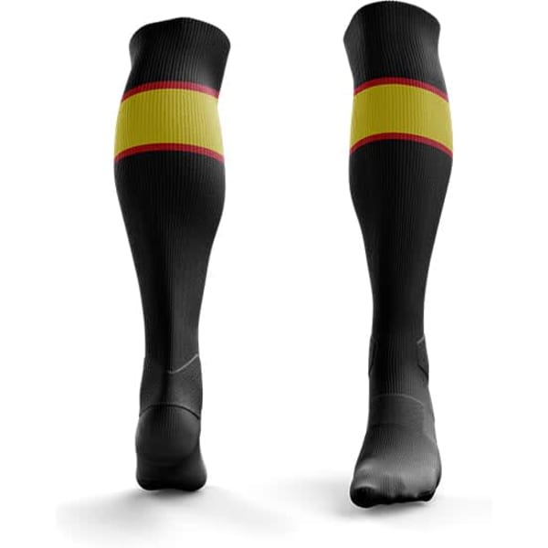 A pair of black soccer socks featuring a yellow stripe and red accents. The socks have a logo on them.