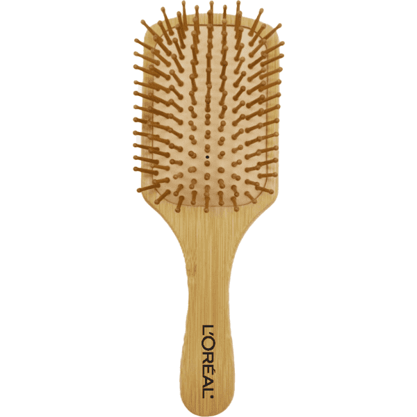 A bamboo hairbrush with a flat paddle design and rounded wooden bristles. Features a branding logo on the handle.