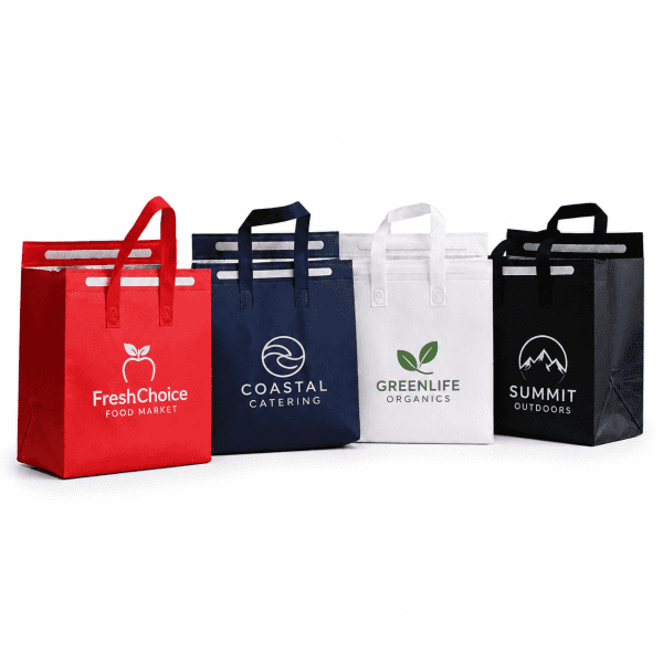 Five insulated reusable bags in red, navy, white, and black, each with handles and different logos.