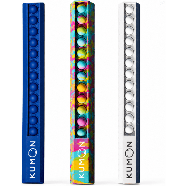 Three popper rulers in blue, colourful pattern, and white, featuring a logo on one. Suitable for office and business use.