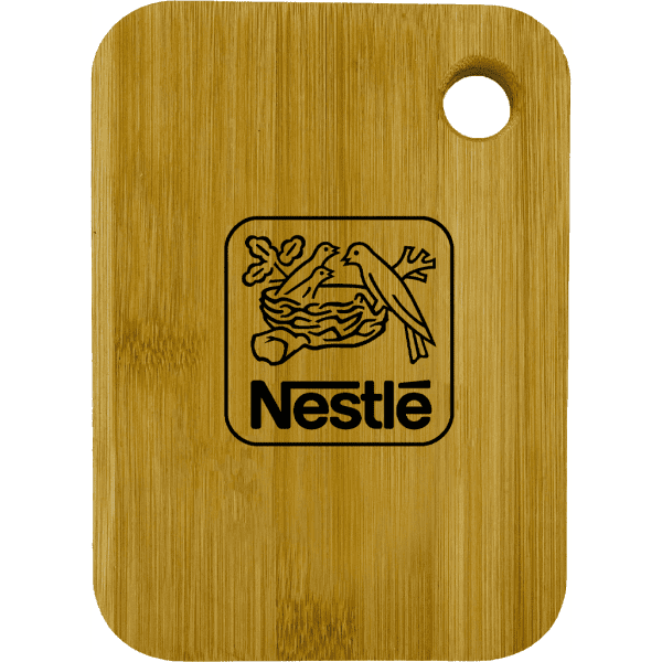 A small bamboo cutting board featuring a round handle and a logo on the surface.