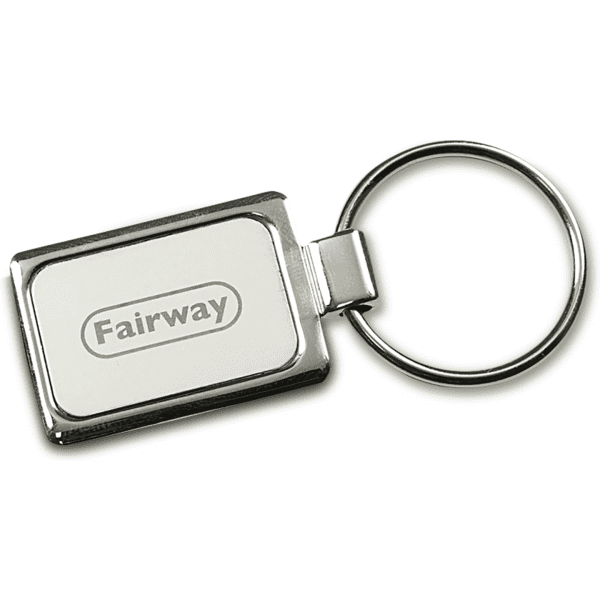 A rectangular metallic keychain with a silver finish and a white panel featuring a logo.