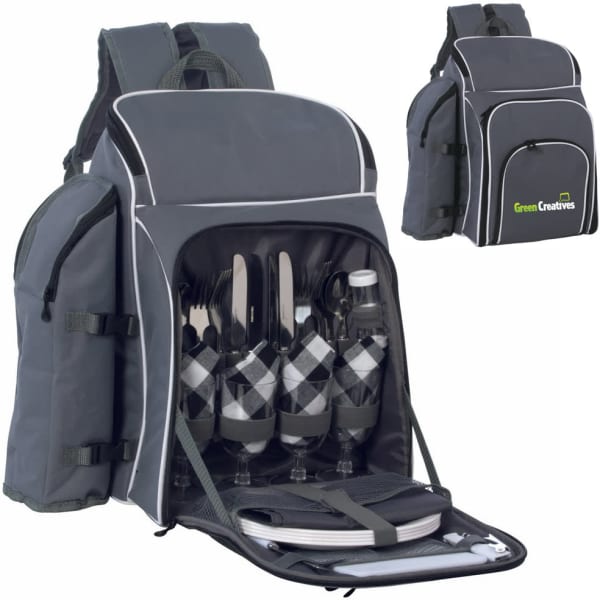 A grey picnic backpack with cutlery, drink bottles, glasses, and plates neatly organised inside. It has a logo on the front.