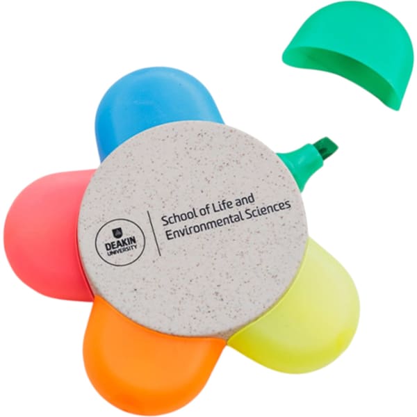 A flower-shaped highlighter set with orange, pink, green, and yellow sections, featuring a logo on the base.