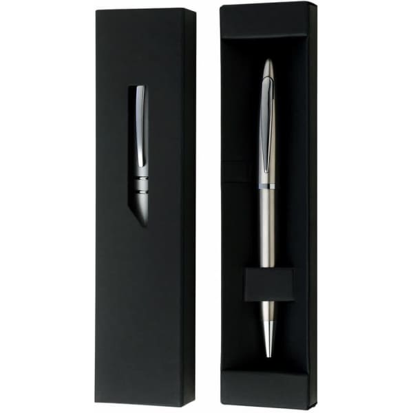 A sleek black gift box with a window, containing a silver pen, featuring a logo.