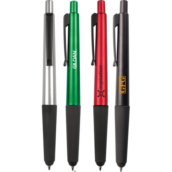 A collection of four 2 in 1 stylus pens in silver, green, red, and black, each with a clip and rubber grip.